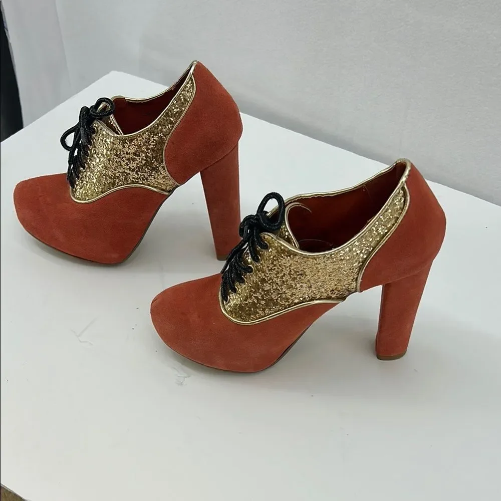 Urban Outfitters Kimchi Blue Gold Glitter & Orange Suede Disco Heels